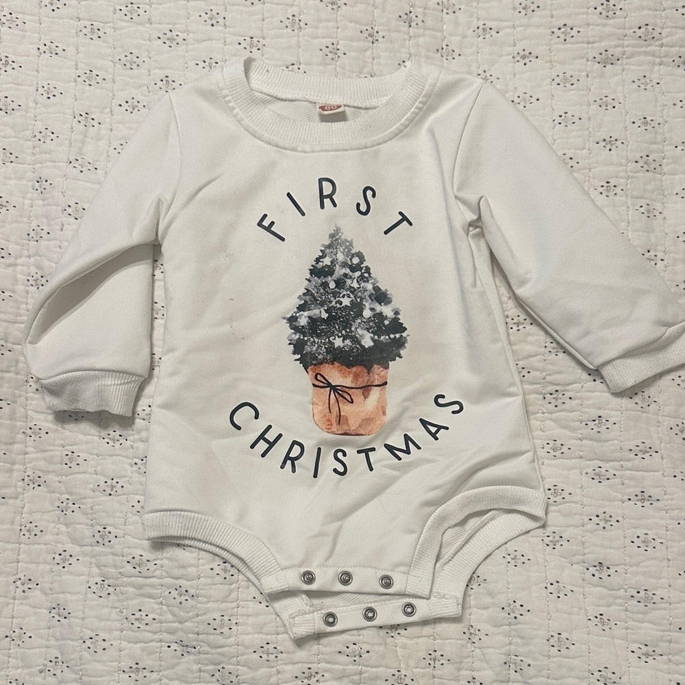 Baby Long-Sleeve One-Piece "First Christmas" - White